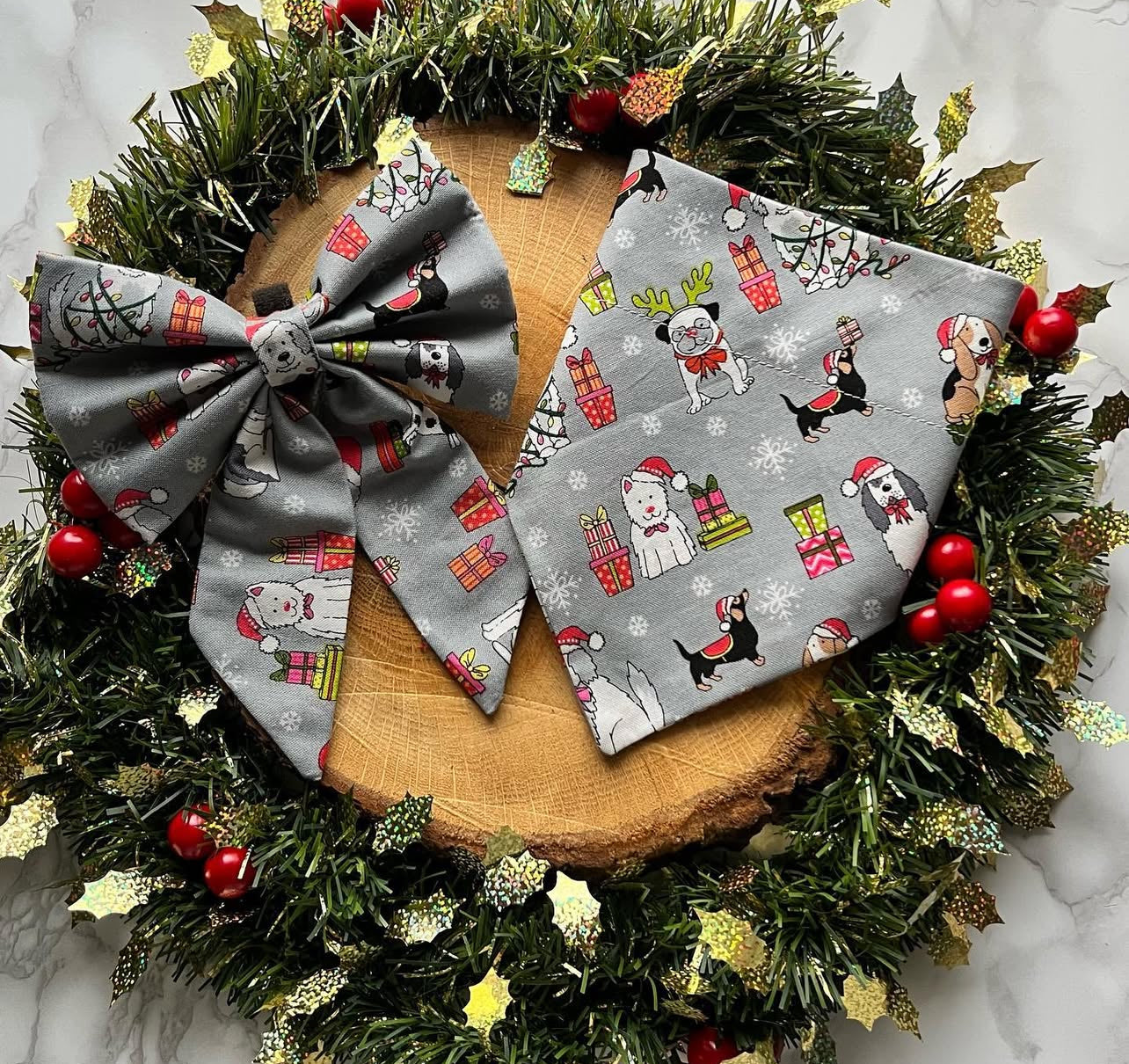 Christmas Dogs (grey) Bandanas and Bows