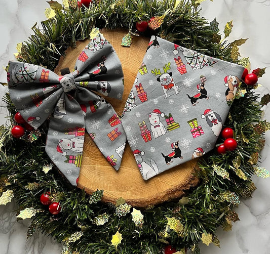 Christmas Dogs (grey) Bandanas and Bows