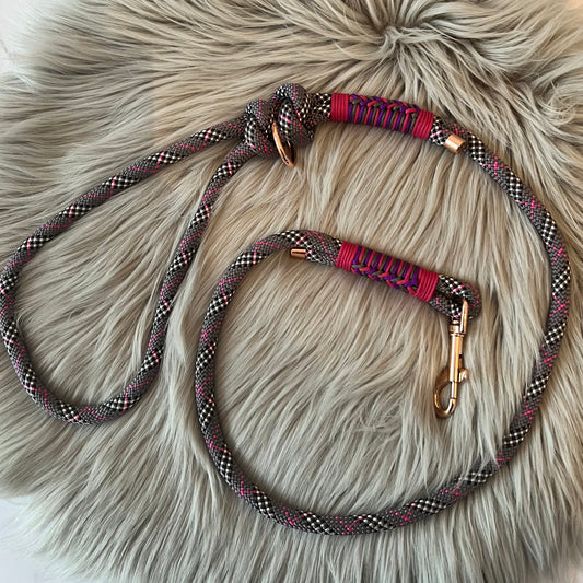 Grey Tartan with Pink Rope Leads